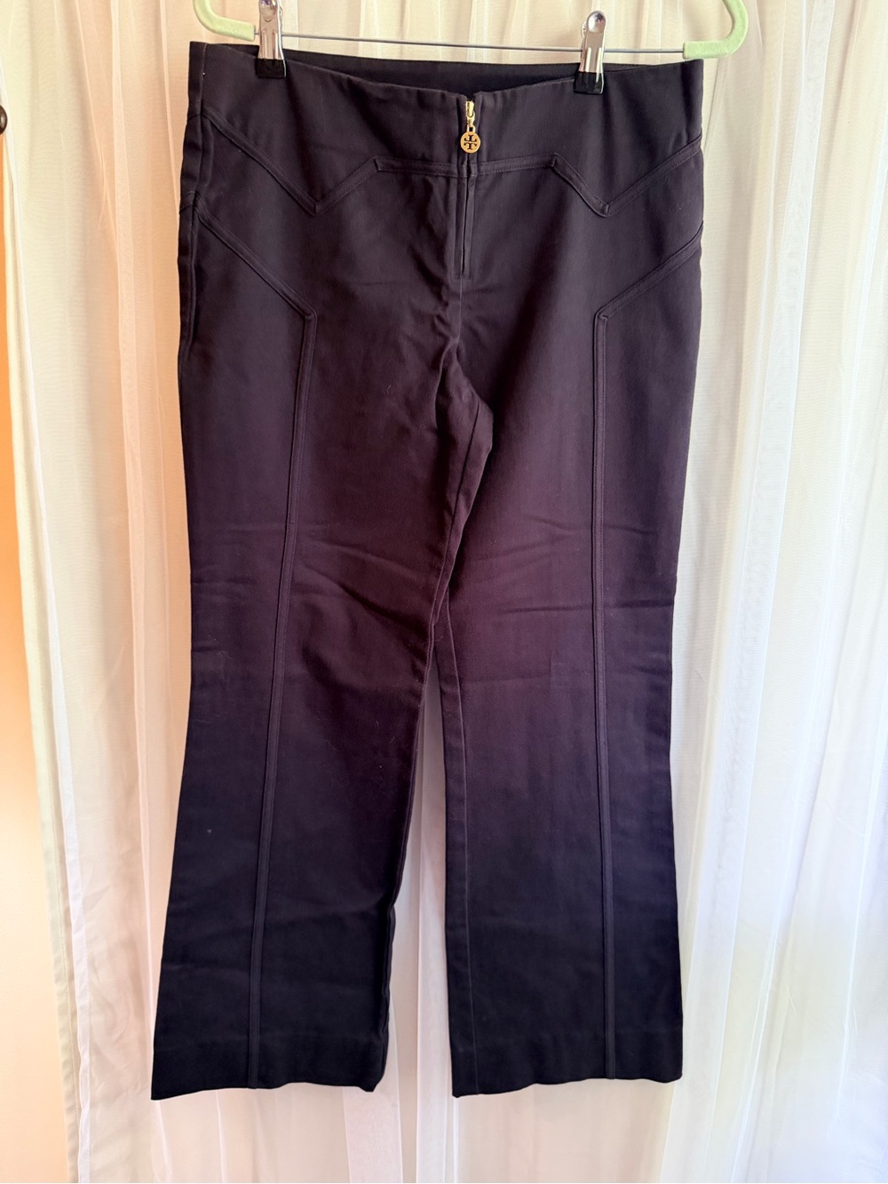 Tory Burch Black Boot-Cut Denim with Signature Logo Zip and piping details